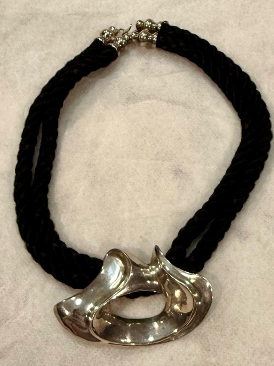 Jewelry - Black Rope Necklace with Sculpted Silver-Tone Pendant